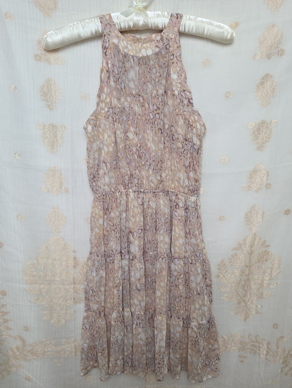 Sleeveless Tiered Dress in Mauve and Cream Print with Gold & Silver Accents- XS